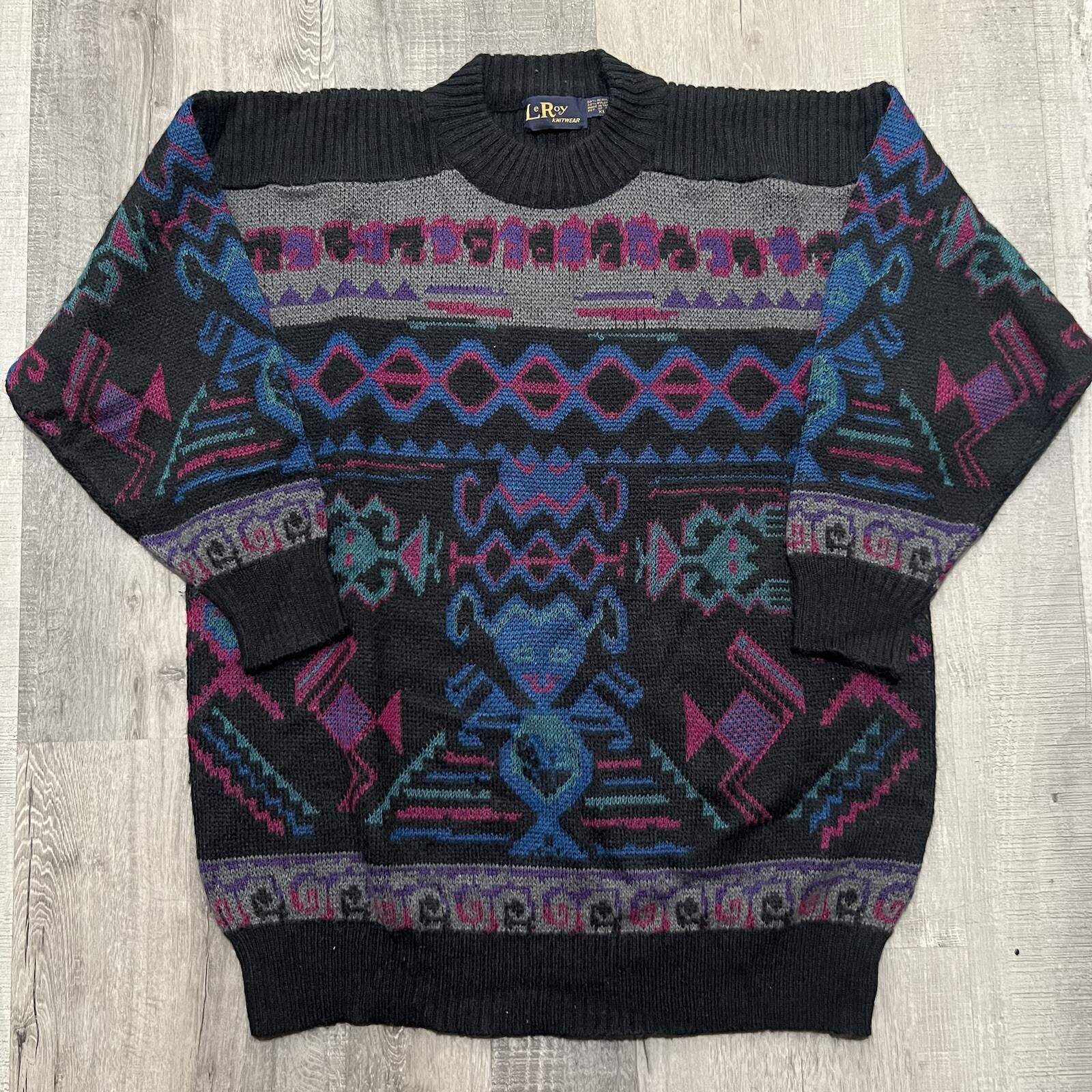 VTG LeRoy Knitwear Black/Pink Abstract Geometric Knit Jumper Sweater