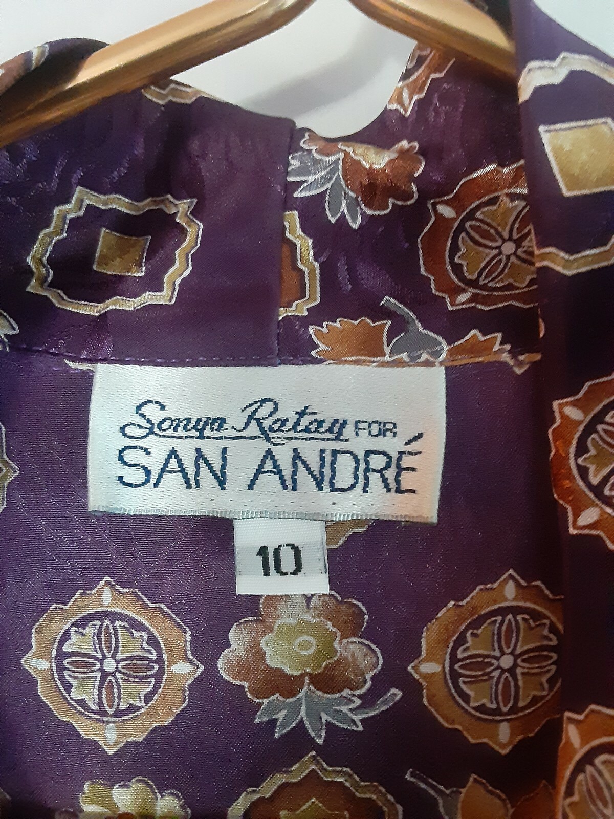 Vintage Purple Silky Blouse Cowl Medallion Motif Pullover Size 10