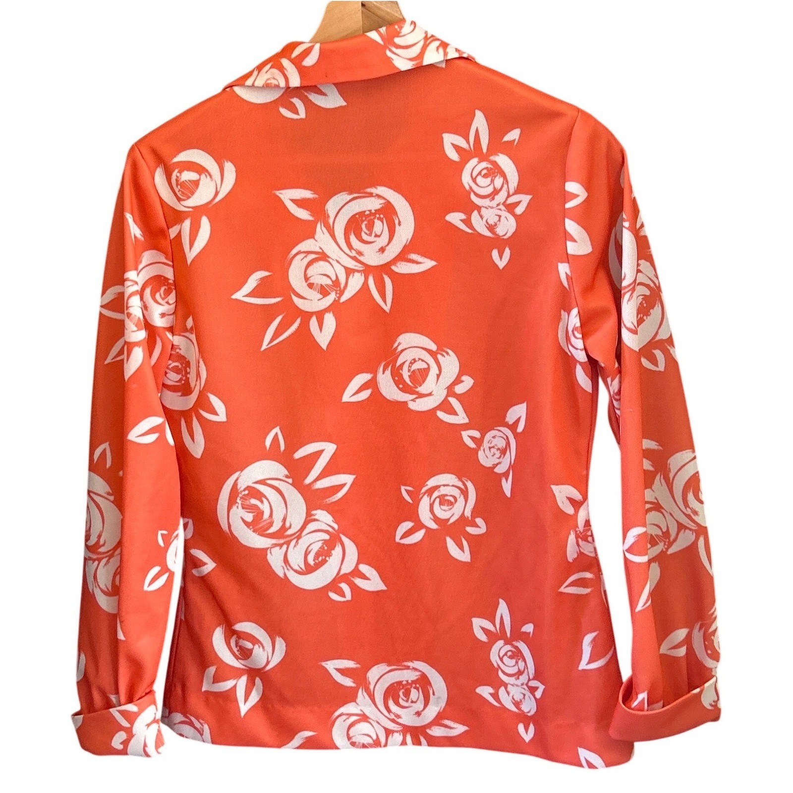 Vintage 70s Vintage Button Up Blouse Disco Rose Floral Print Orange White Retro
