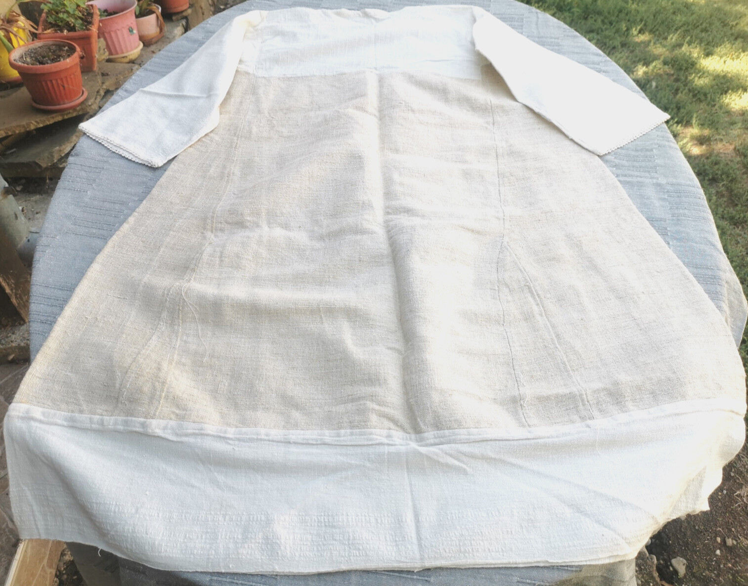 OLD PRIMITIVE WOMENs LONG WHITE SHIRT HOMESPUN FABRIC HEMP CLOTH