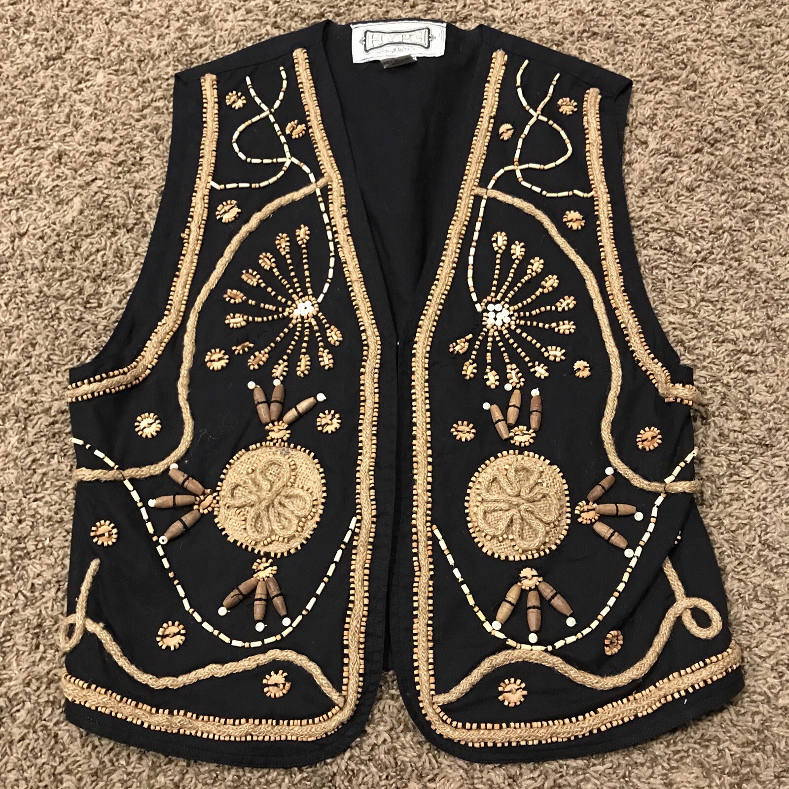 Hype Black Brown Cotton vintage vest Beads size S A25