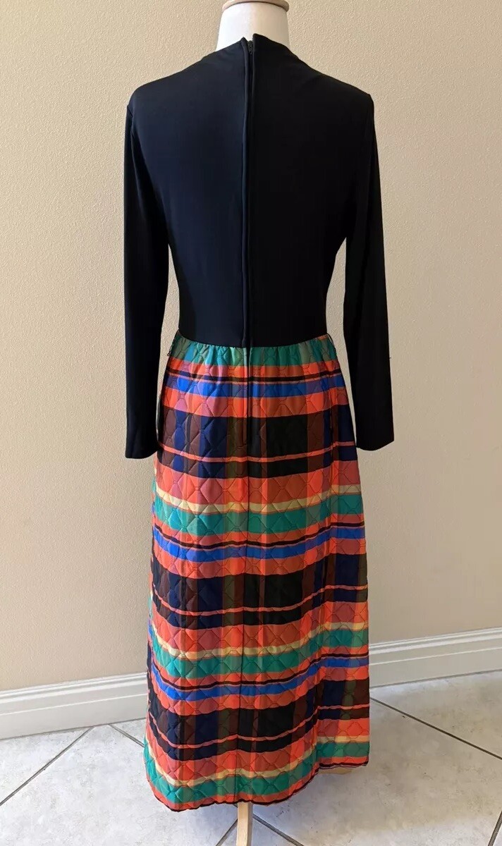 Vintage 70s One Way Hostess/ Maxi Dress with Plaid Quilted Skirt M