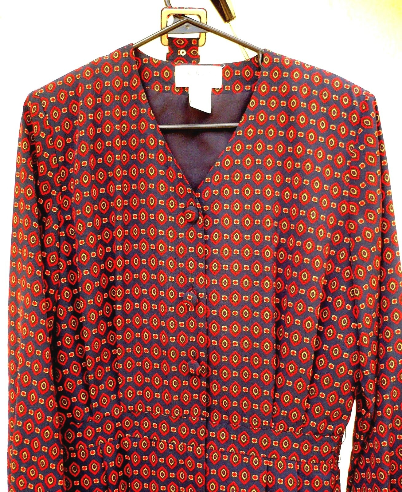 TALBOTS 80S M L P TINY FLORAL BELT GEO SILKY PLEATED SECRETARY DRESS WOMEN VTG