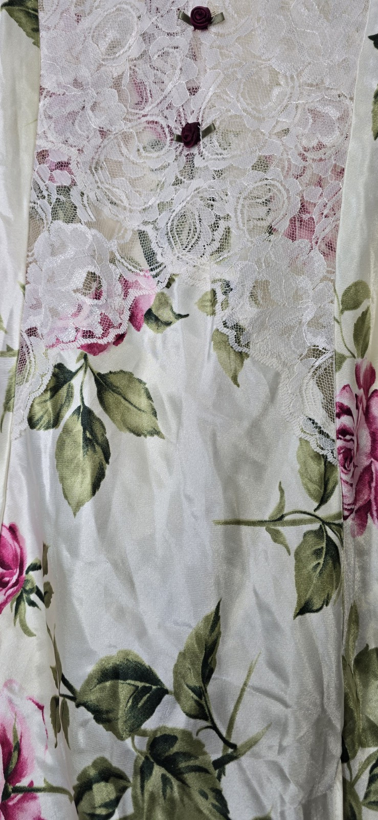 Vintage California Dynasty Satiny Floral Nightgown Lace Panel Side Split Size L