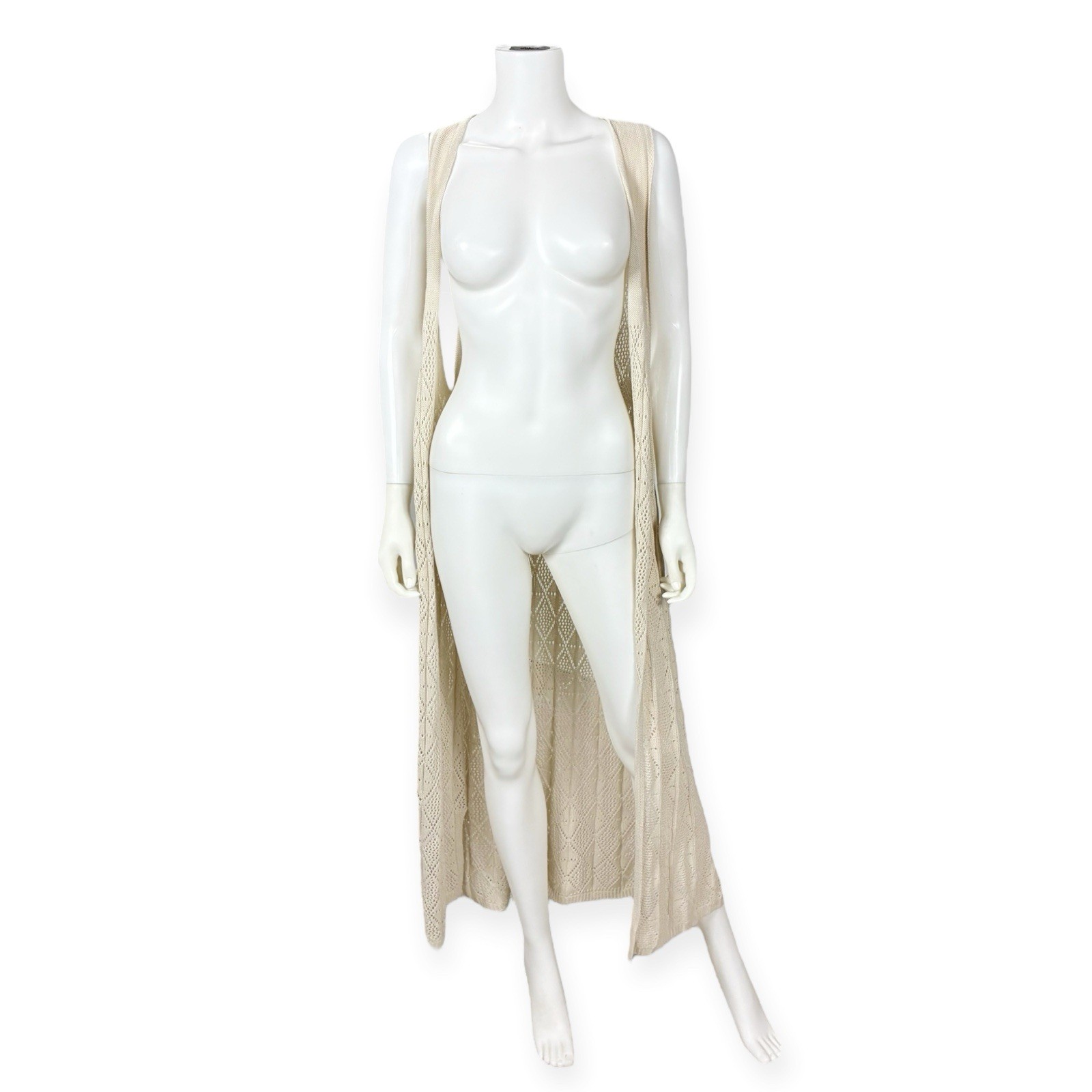 Keren Hart Women’s Vintage Beige Knit Sleeveless Long Duster Boho Festival XL
