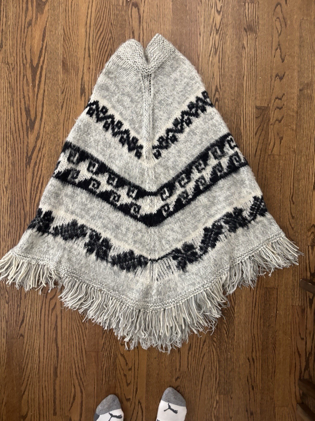 Vintage Ethnic Loose Hand Knit Fringe Poncho Tribal Alpaca Mohair Wool Crunchy
