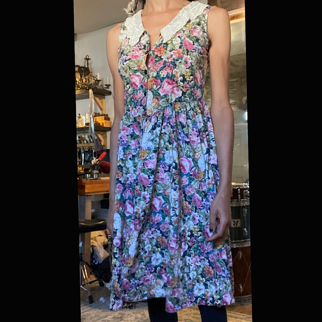 PHOOL 70s Vintage Lace Collar Floral Button Down Sleeveless Dress Size L