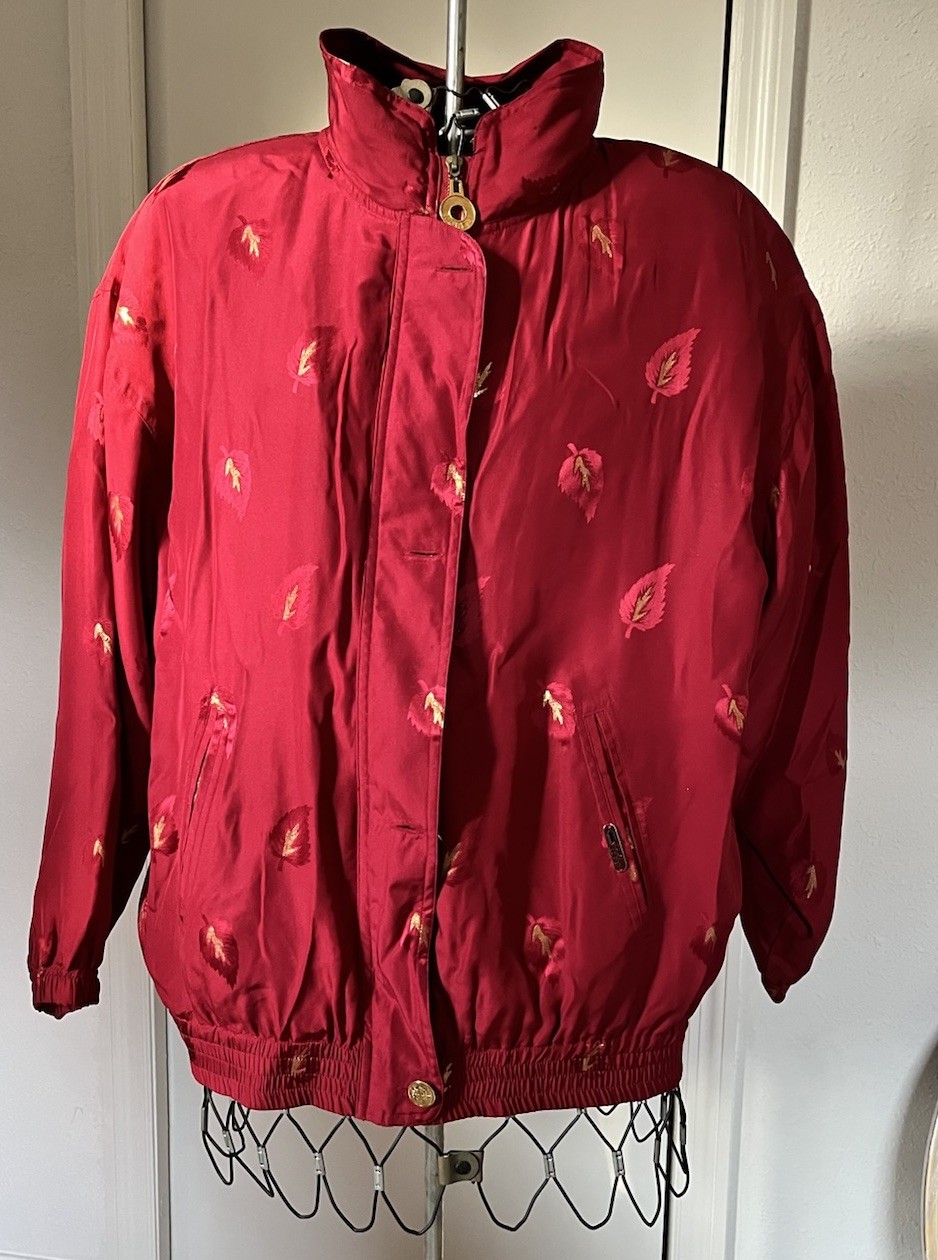 Vintage Silk Bomber Jacket Women M Red Gold Leaf Print Lightweight 90s Retro Zip