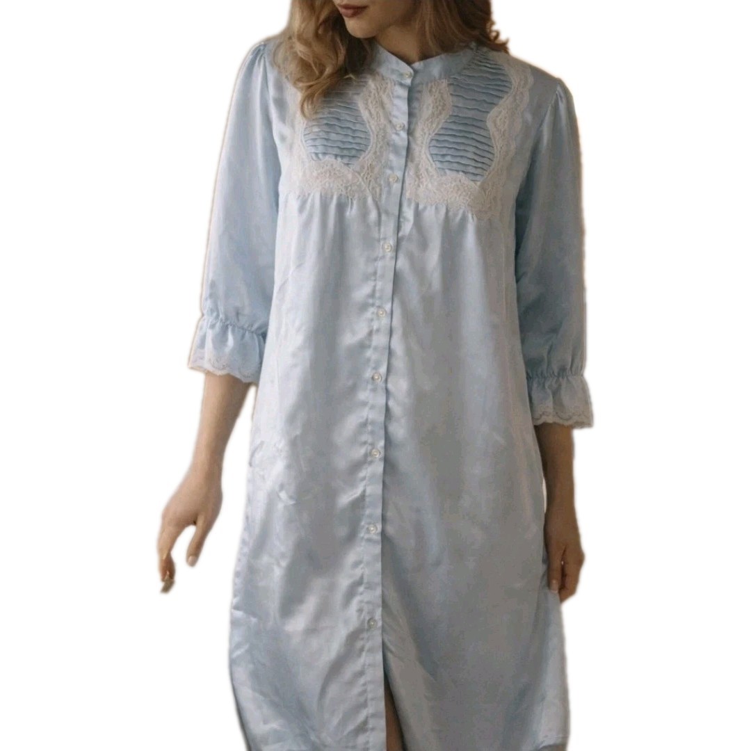 VTG Lewis Frimel Satin Lace Nightgown Baby Blue Button Front Boudoir Peignoir