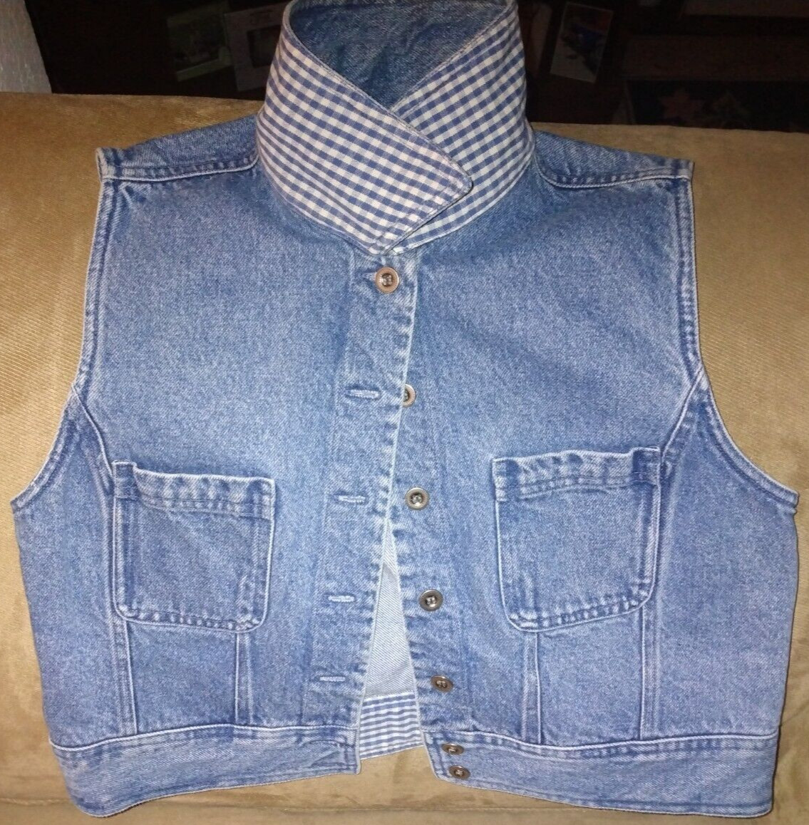 VINTAGE CAMBRIDGE DRY GOODS CDG DENIM JACKET VEST BLUE CHECK TRIM SZ S WOMEN