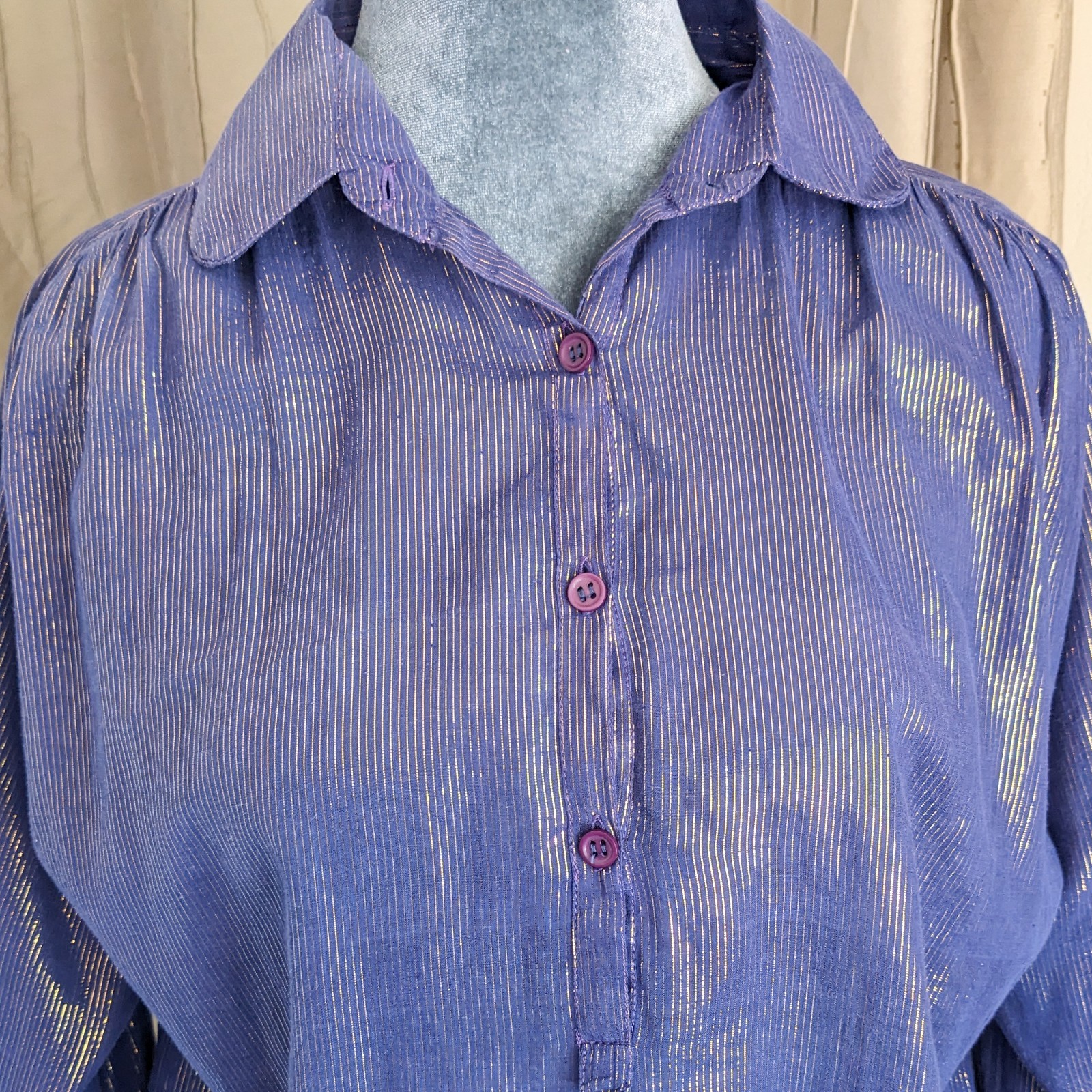 VTG 80s Metallic Gold Stripe Cotton Voile Blouse 14/L Purple Button Up Top India