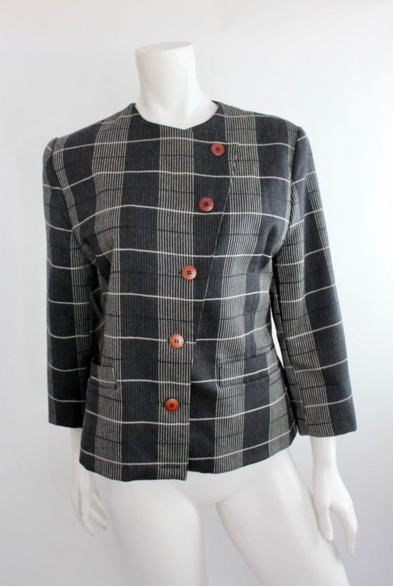 Vtg 80s Marimekko Grid Gray Wool Blazer Jacket Coat Checked Striped Retro 34 Eu