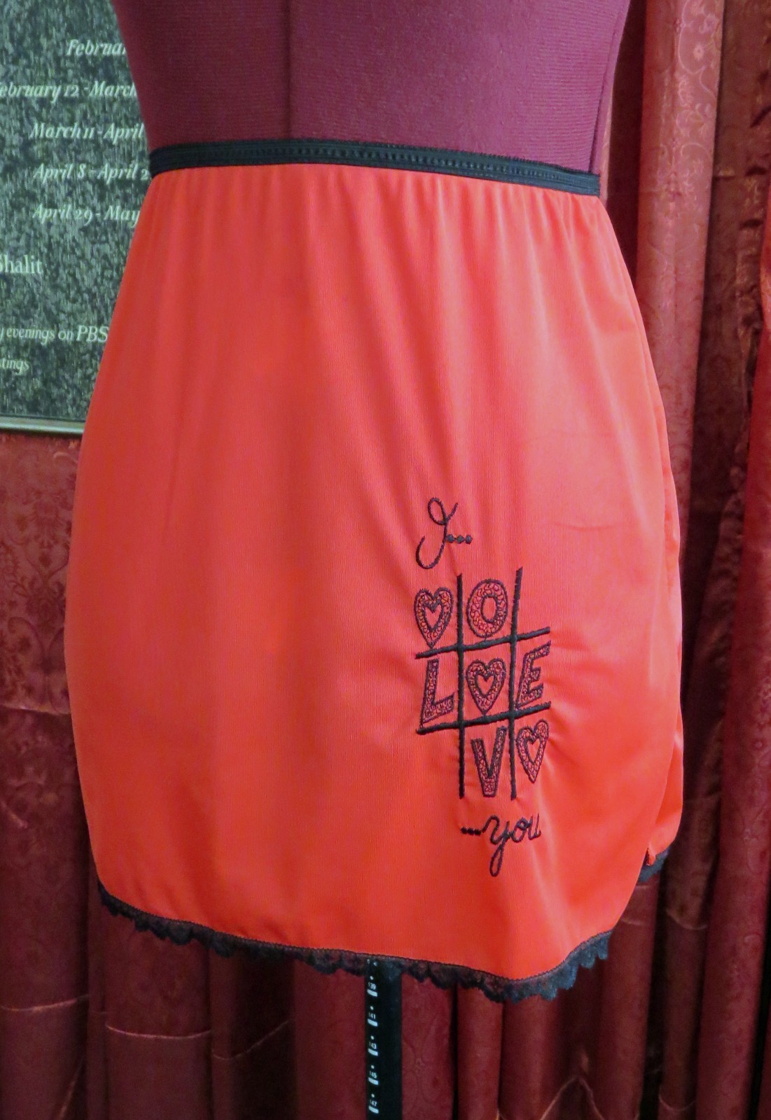 1960s Red Nylon with Black Lace Embroidered Half Slip Mini Skirt “I Love You”