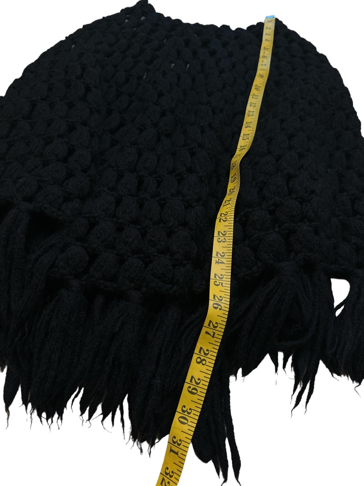 Vtg 60s Winkelman’s 100% Wool Thick Crochet Shawl Poncho Fringe Afghan Black