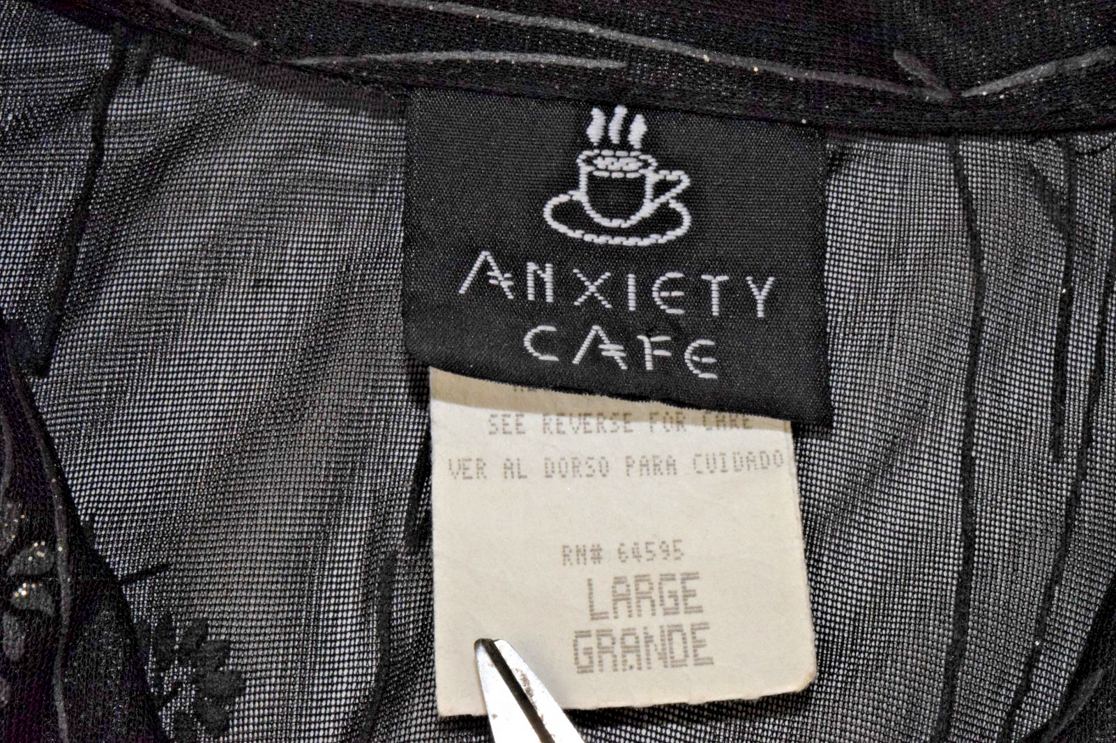 Vintage Top Anxiety Cafe Size L 90s Sheer Black Silver Glitter Flowers Made USA