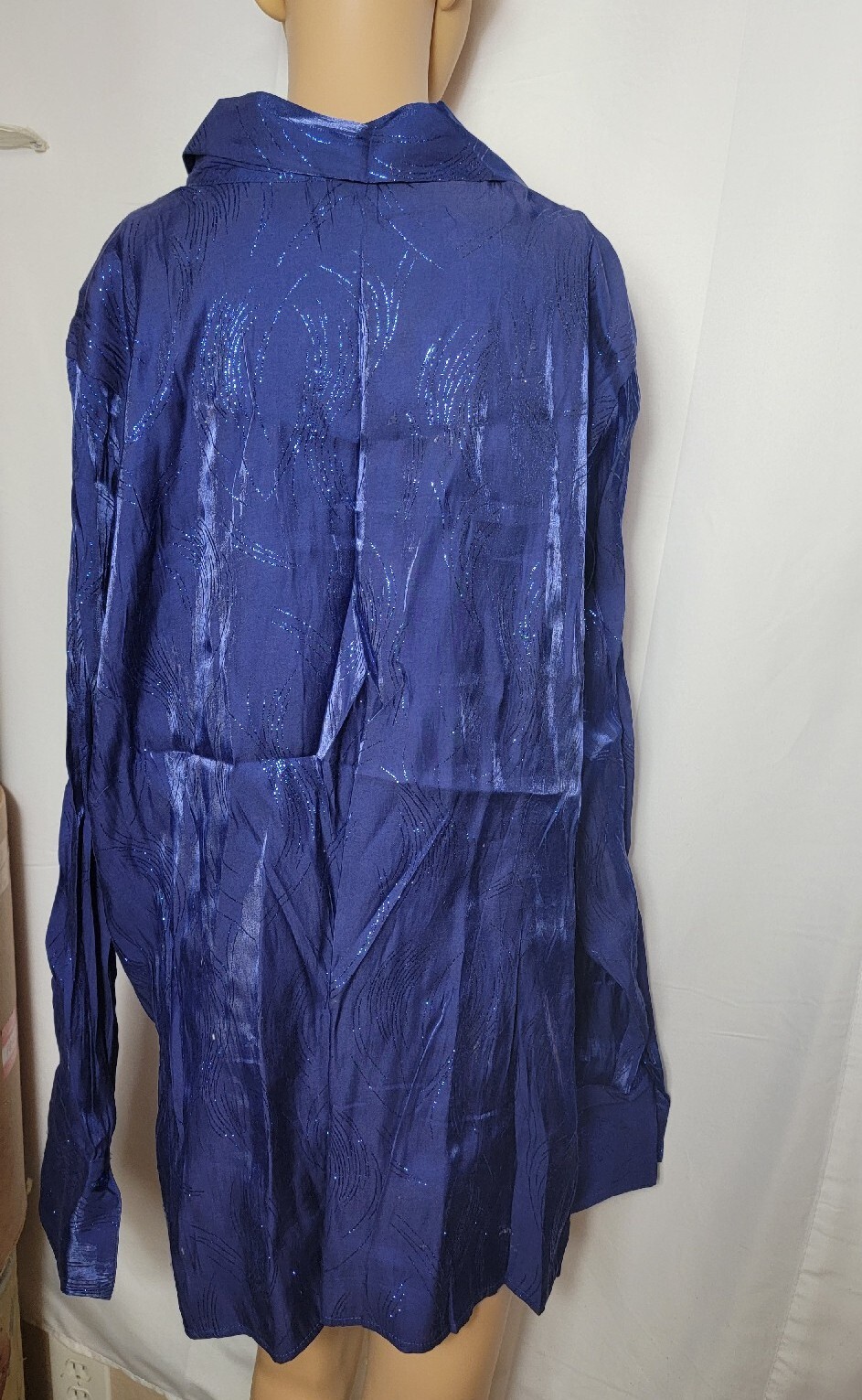 Vintage Womens Plus Button Up Shirt Blue Sparkle Long Sleeve 26w-28w Studio 1940