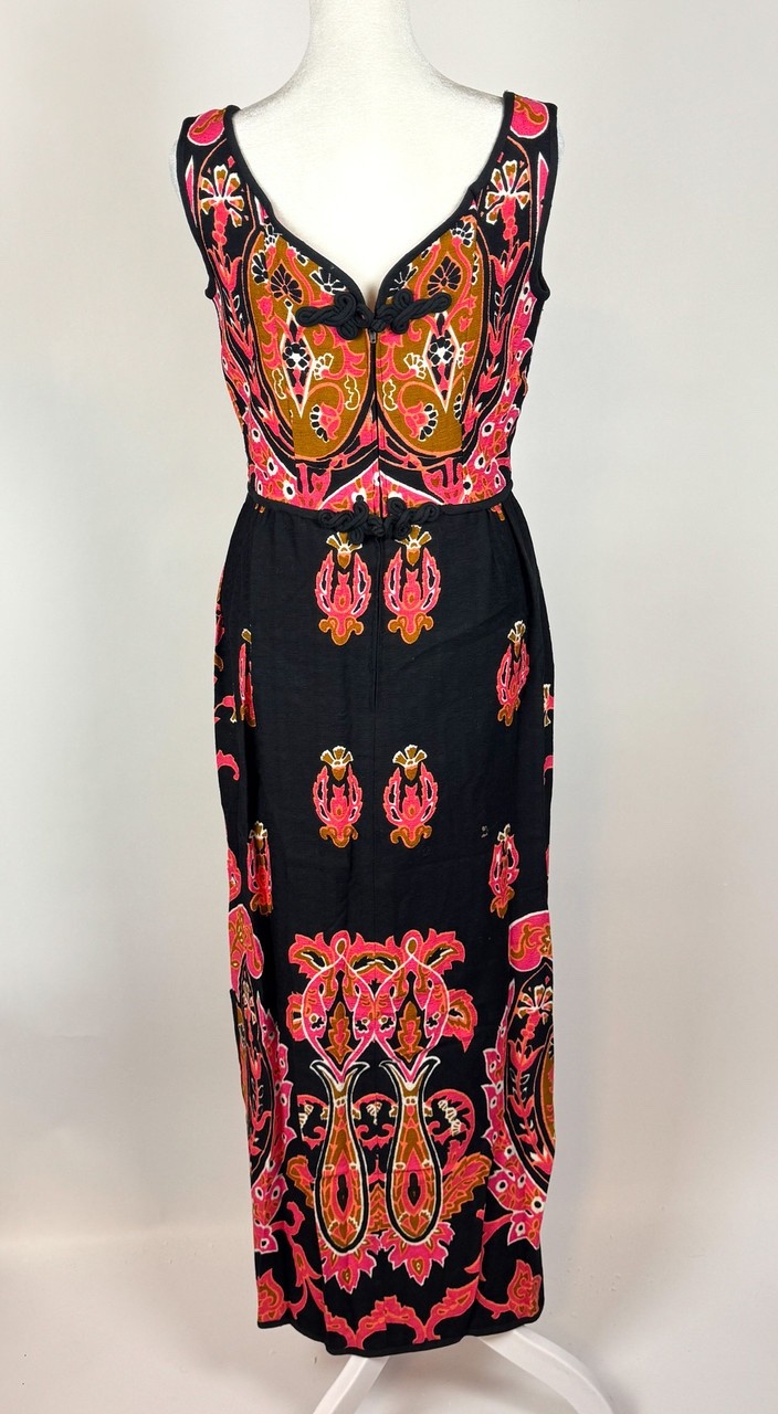 1960s Vintage Pink and Black Psychedelic Print Maxi Dress