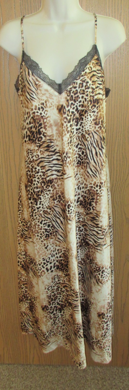 INC International Concept poly SATIN long chemise Lace V neck night gown size M