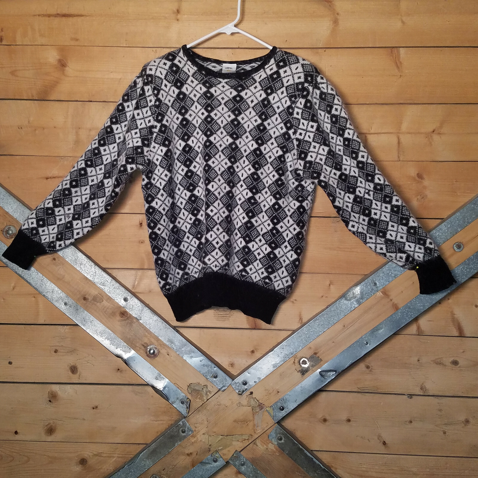 Large Black and White Sweater with Diamond Pattern by Golden Gate – Swanky Barn