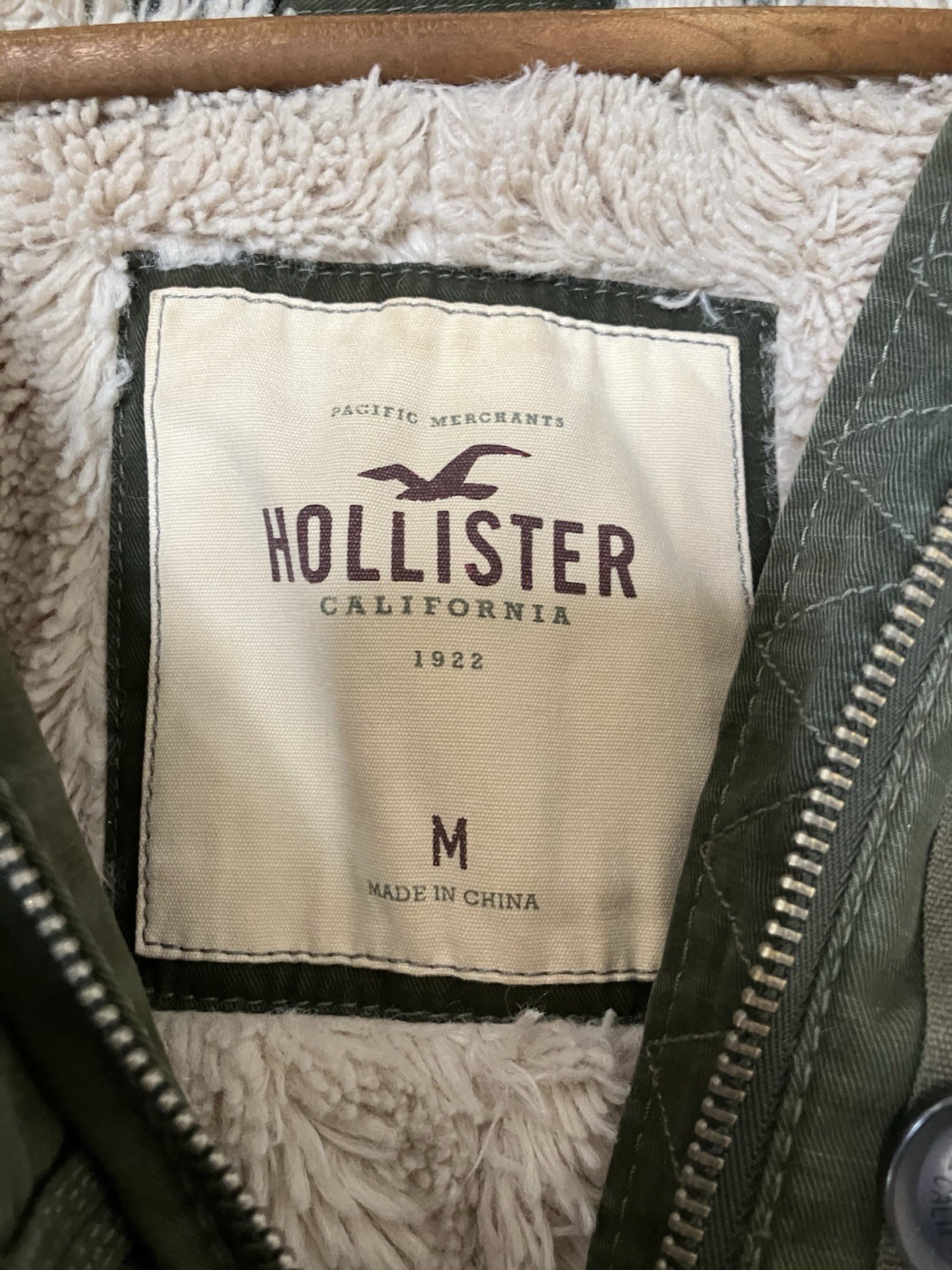 VTG Hollister Army Green Parka Jacket Sherpa Lined Womens M Y2K Faux Fur Hood