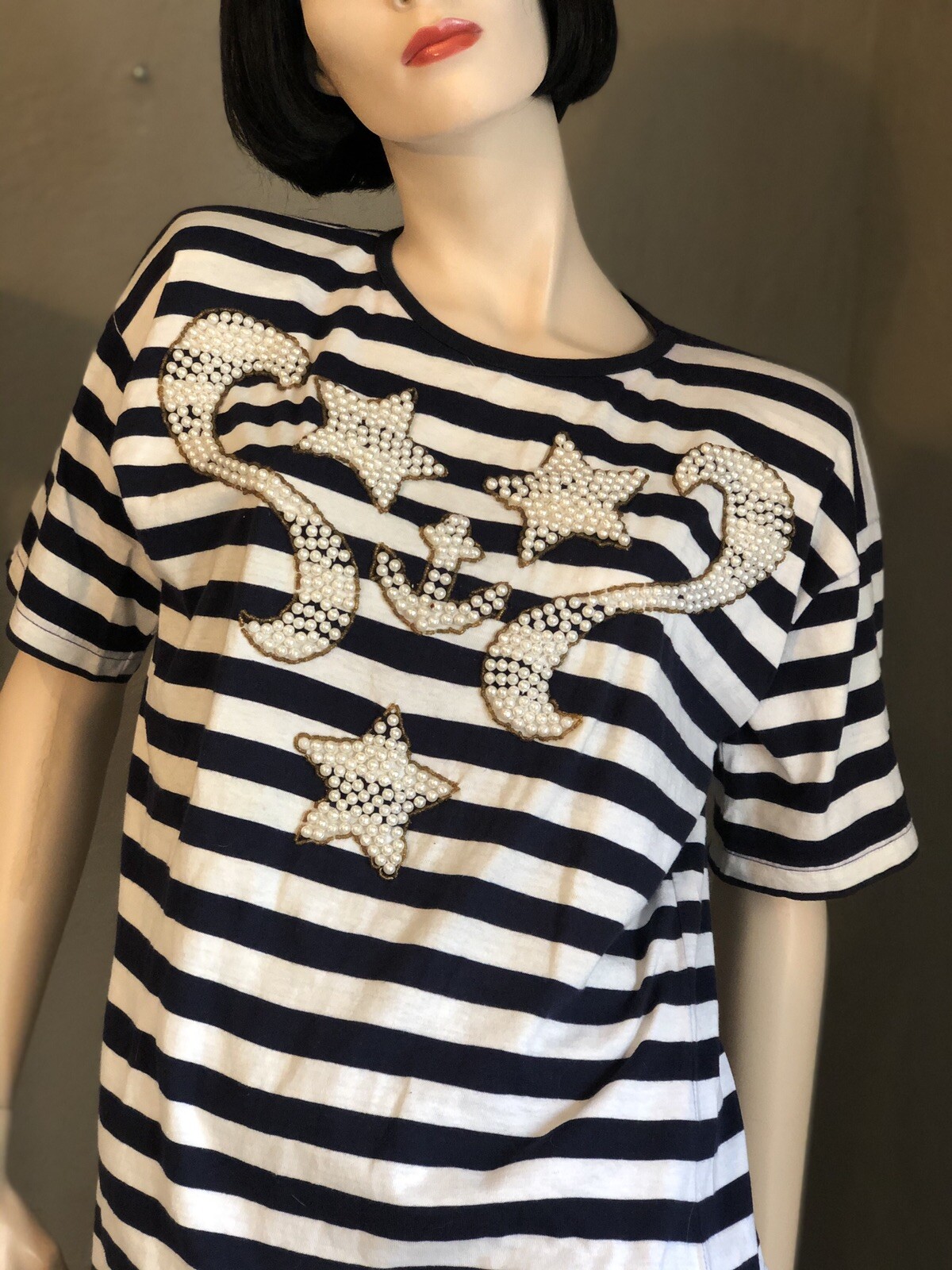 Vintage Victoria Jones Top M Sailor Nautical Stripes Anchor Pearls Sailing Boat