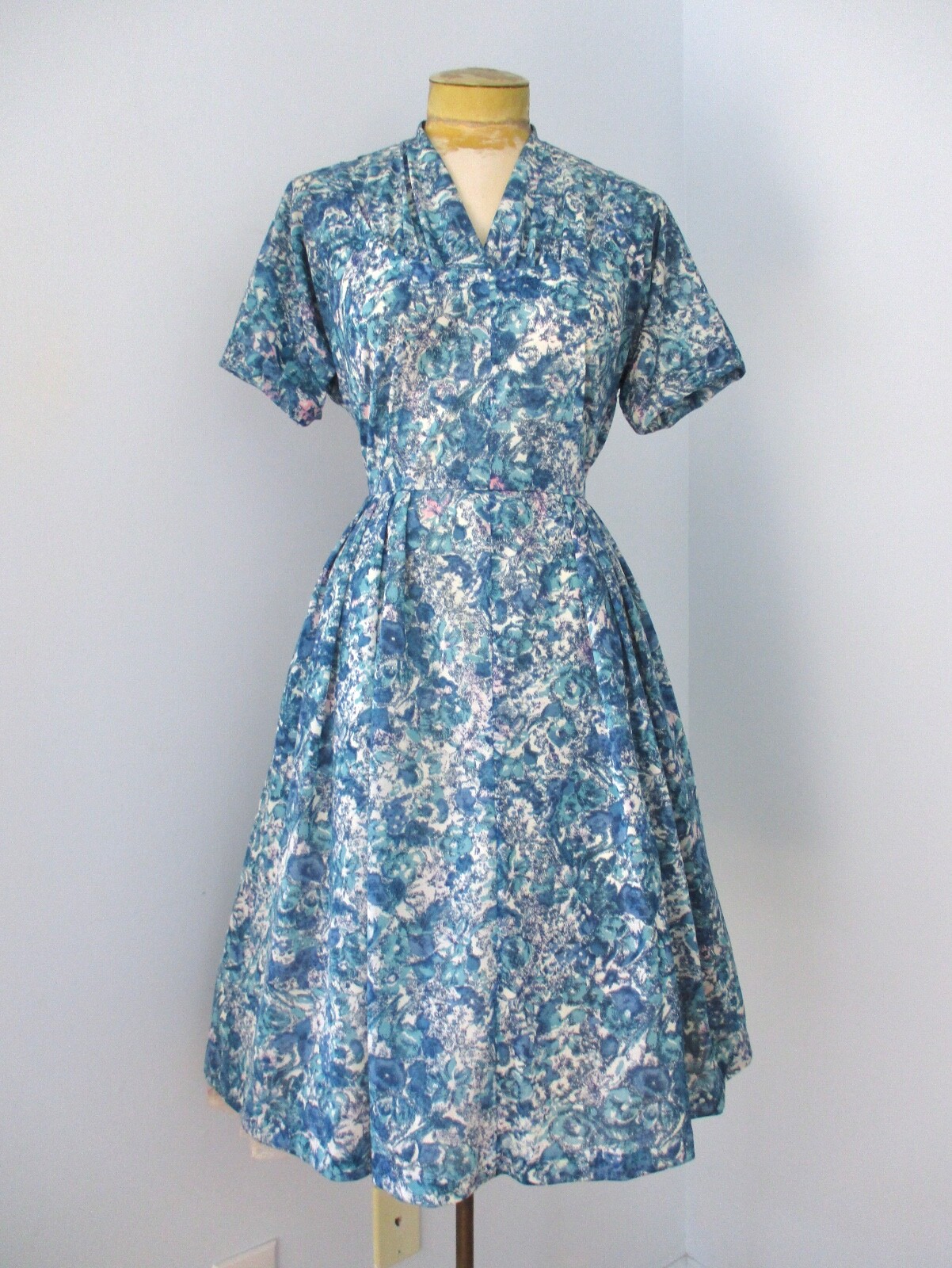 Vtg 50s 60s Blue Pink Abstract Silky Knit Rockabilly Swing Dress Nelson Caine M