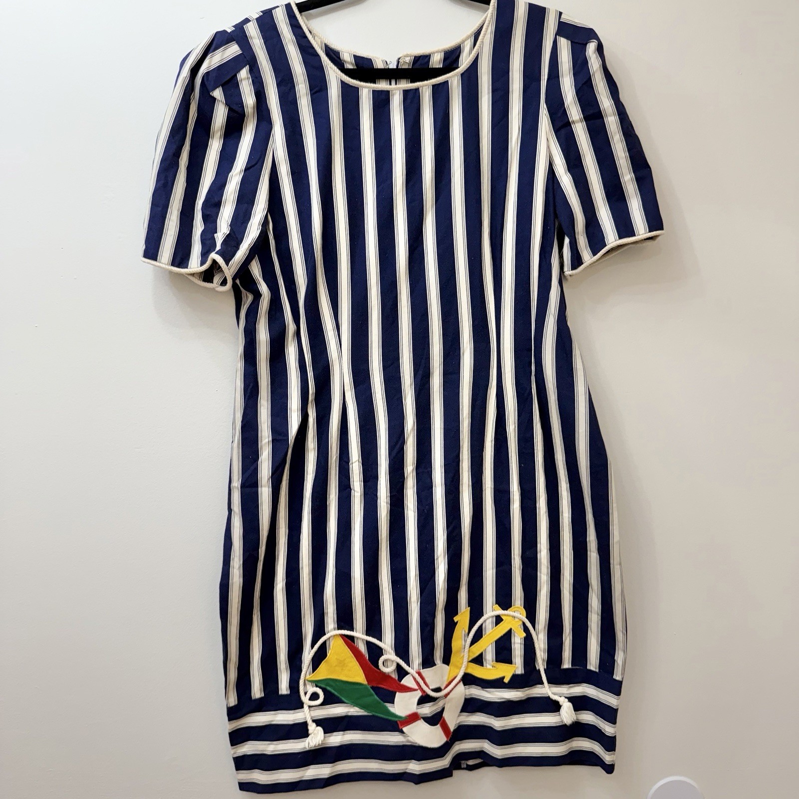 Women’s Vintage Nautical Theme Dress 14 Sharon Young Stripes Appliqué 90’s