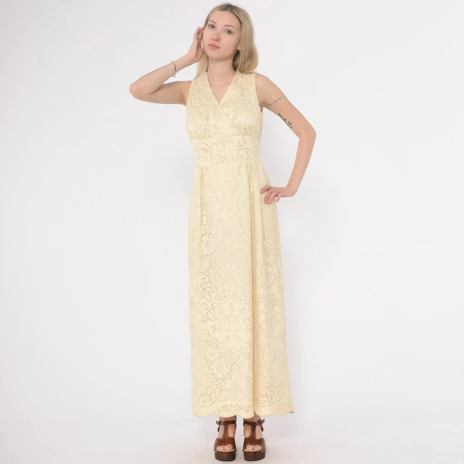 70s Bohemian Wedding Dress Lace Maxi Dress Cream Ivory V Neck Sleeveless Empire