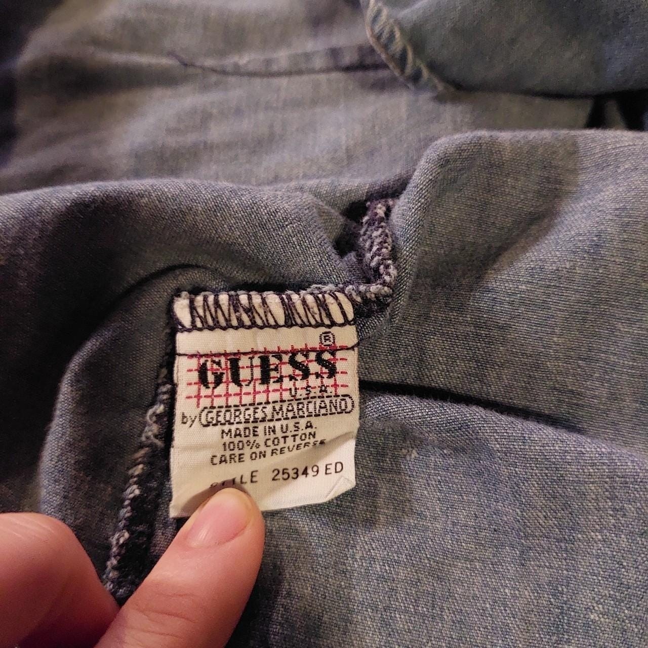 Vintage Guess western style 100 cotton denim button up with plaid fabric buttons