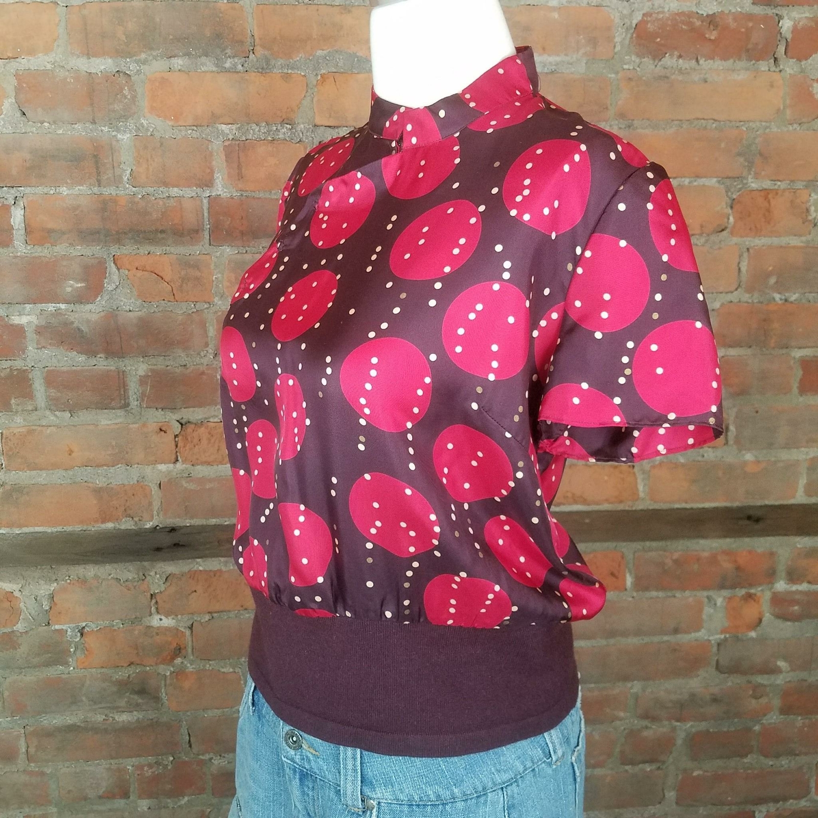 Vintage Armand Ventilo Womens Brown w/ red White Dots Size 40/S Top Assymetric