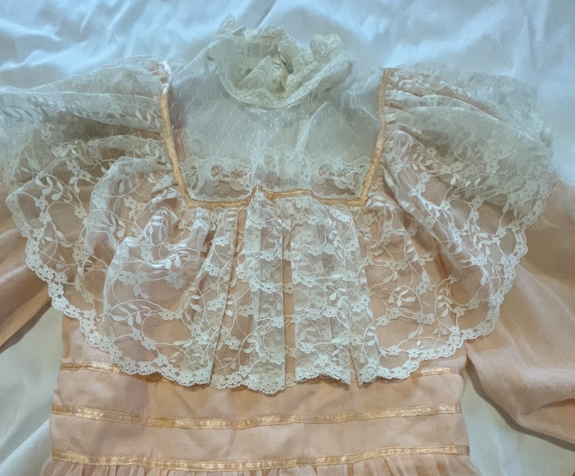 70s Candi Jones California Prairie Dress Maxi Small Peach Lace High Neck Long