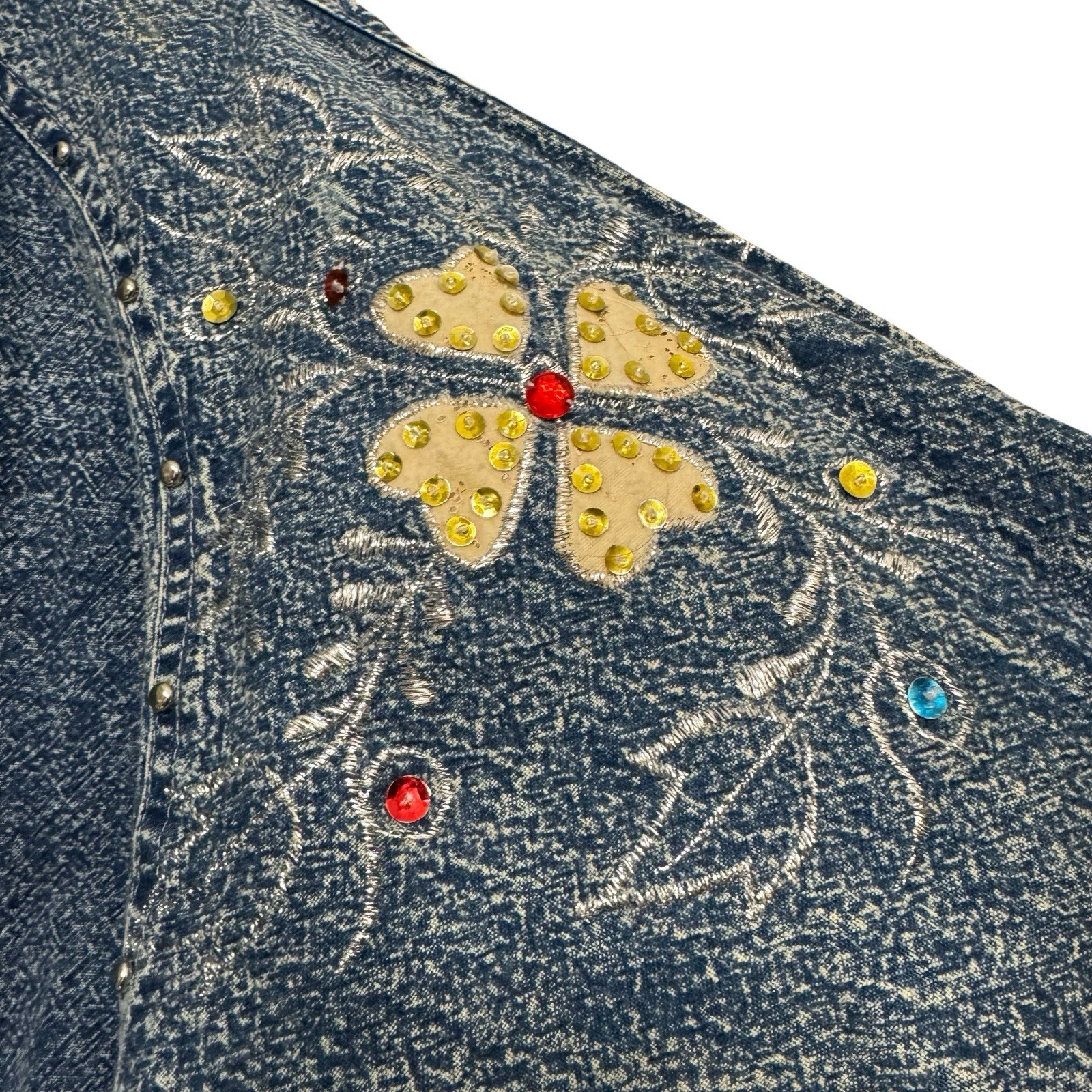 80s Denim Jacket Short Acid Wash Floral Embroidery Embellished Crop Sz M Vtg EUC