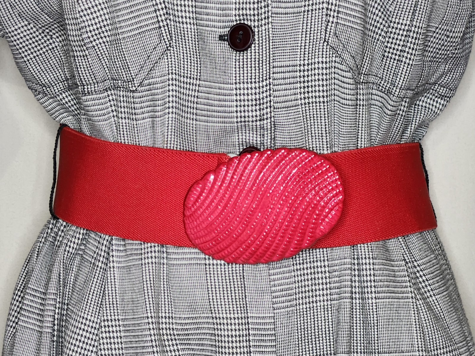 VTG 80s Black & White Houndstooth Check Button Up Jumpsuit w/Red Belt LS Sz S/M