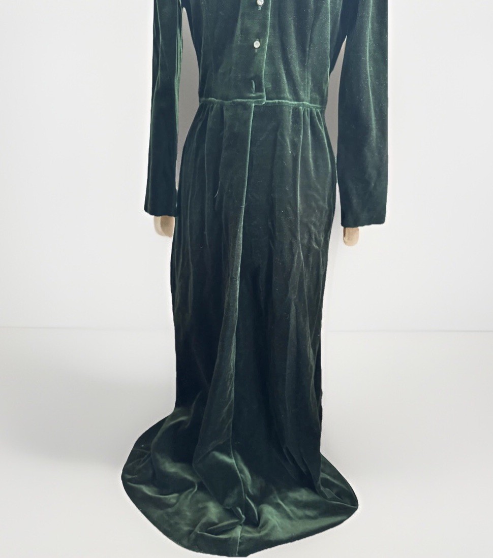 Vtg 90 The Kollection Button Down Shirt Dress Green Velour Velvet Lolita Goth