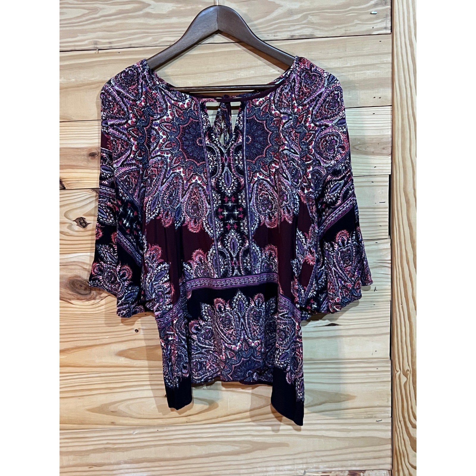 Nostalgia Burgundy Paisley Print Boho Flutter Sleeve Tunic Womens Large Blouse