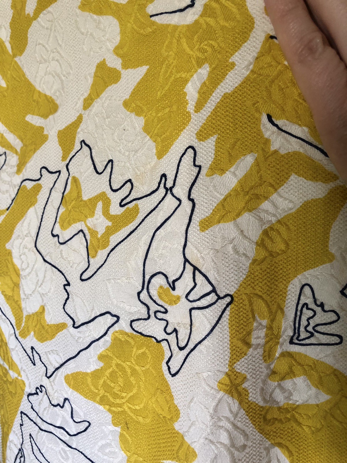 Mid Century Abstract Yellow, White, & Navy Blue Maxi Dress, M