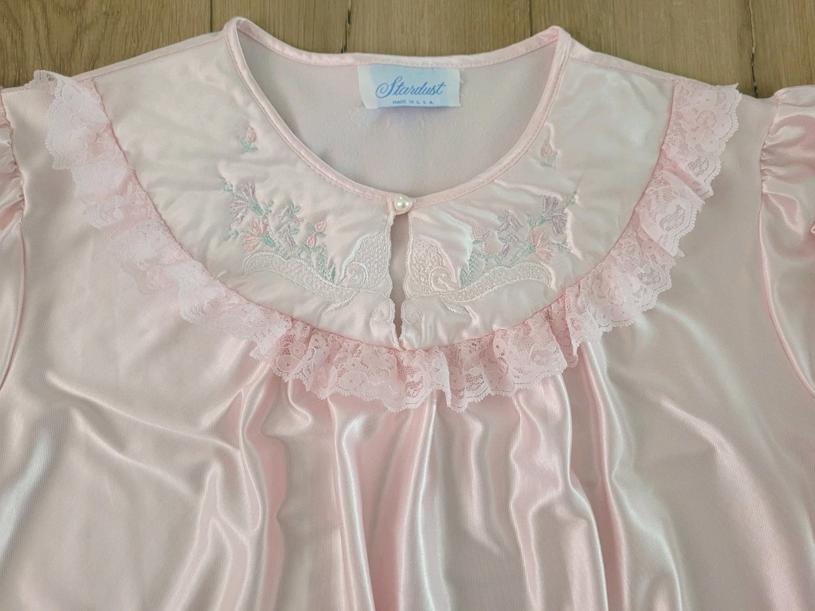 Vtg Stardust USA Pink Satin Brushed Lining Ruffled Lace LS Nightgown LG ●READ