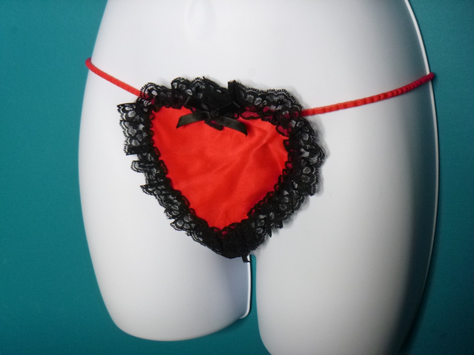 Vtg 70s Glydons Heart Shaped G String Thong Red Nylon Black Lace USA