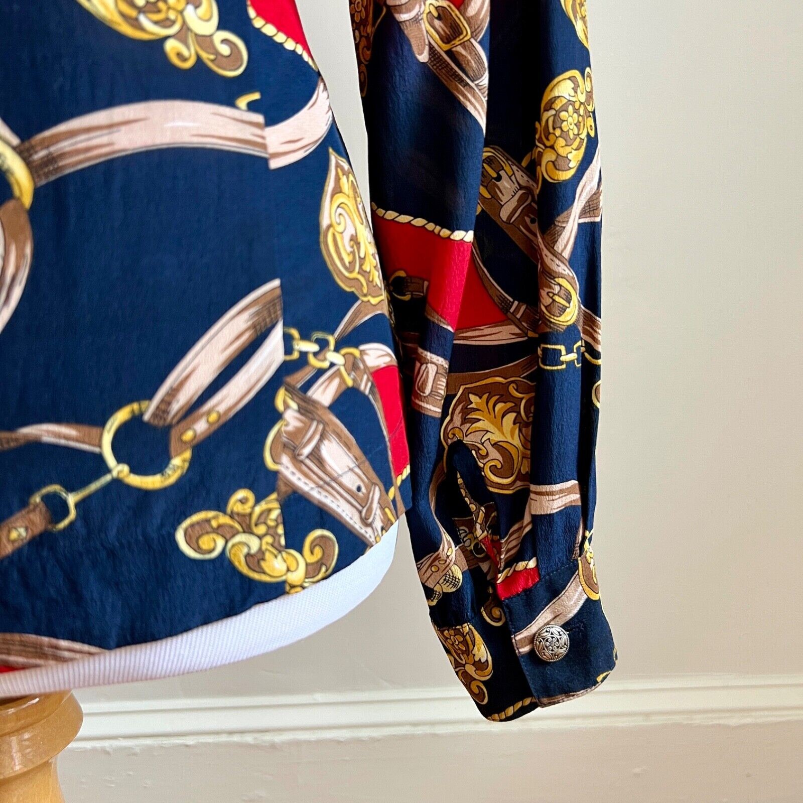 Vintage 90s Stephanie Andrews Silk Shirt Equestrian Print Blouse Navy Red M