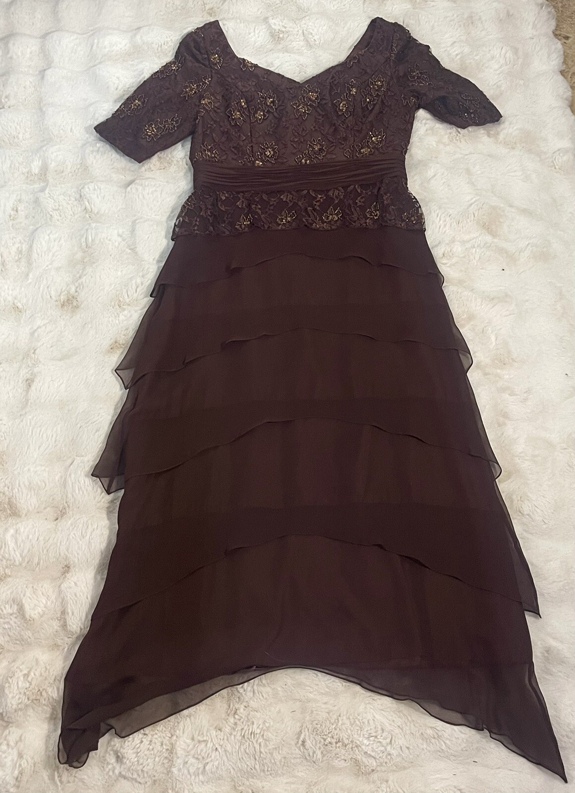 Camila Elbaz Vtg Mother Of The Bride Lace Sequin Ruffled Tier Spain Silk Dress