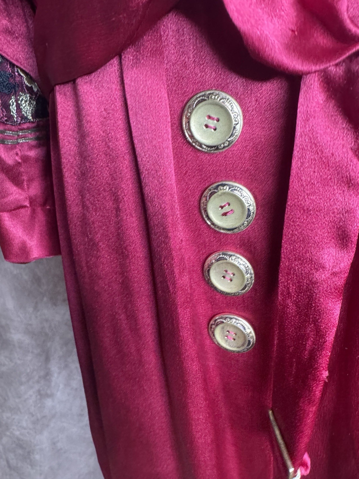 Antique 1910s 1920s Red Satin Dress Embroidered Trim Enamel Buckles Drop Waist