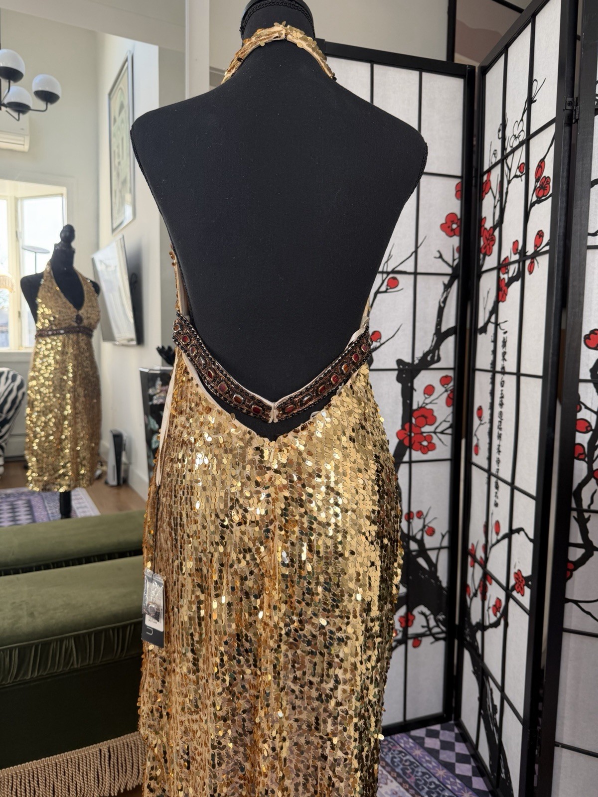 Gold Sequin Halter Dress – Open Back with Jeweled Waist