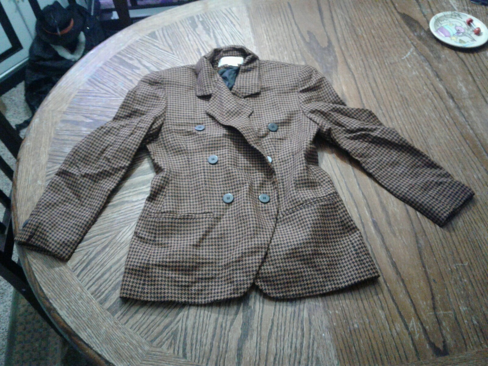 Vintage Jones New York Houndstooth Black Brown Blazer Size 6P(cb38)