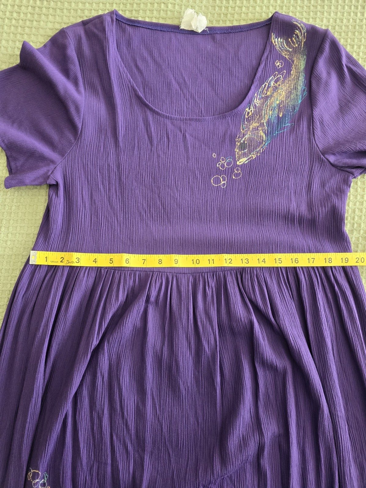 Vintage 80s 90s Purple Rayon Dress Hand Painted Fish Womens Large XL Whimsical