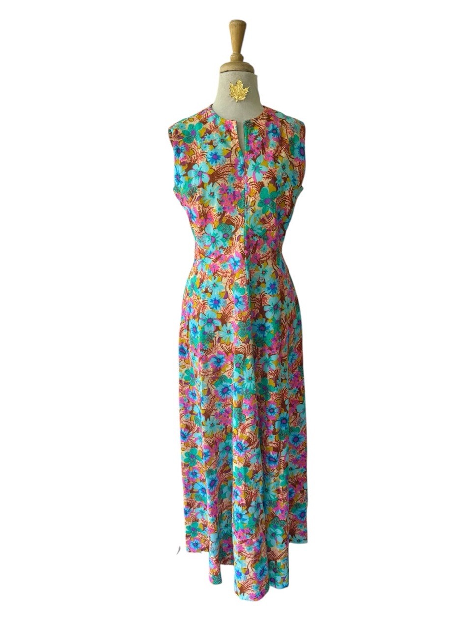 Vtg 1970s It’s Better Hawaiian Floral Maxi Dress Sz M/L Flower Power MoD Tiki