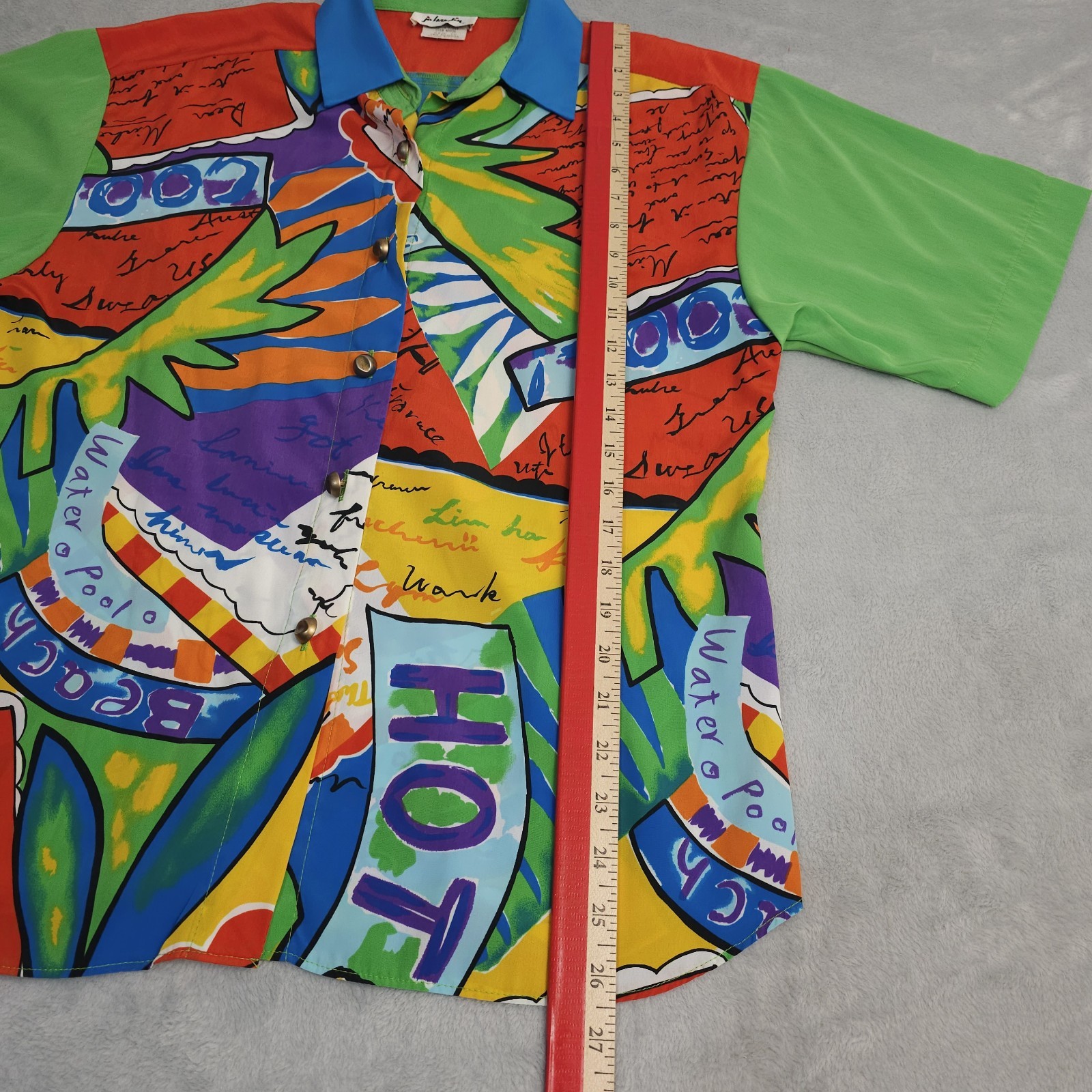 Vtg Bold Colorful Blouse 1980s Travel Novelty Print USA Med Lrg Big Button Silky