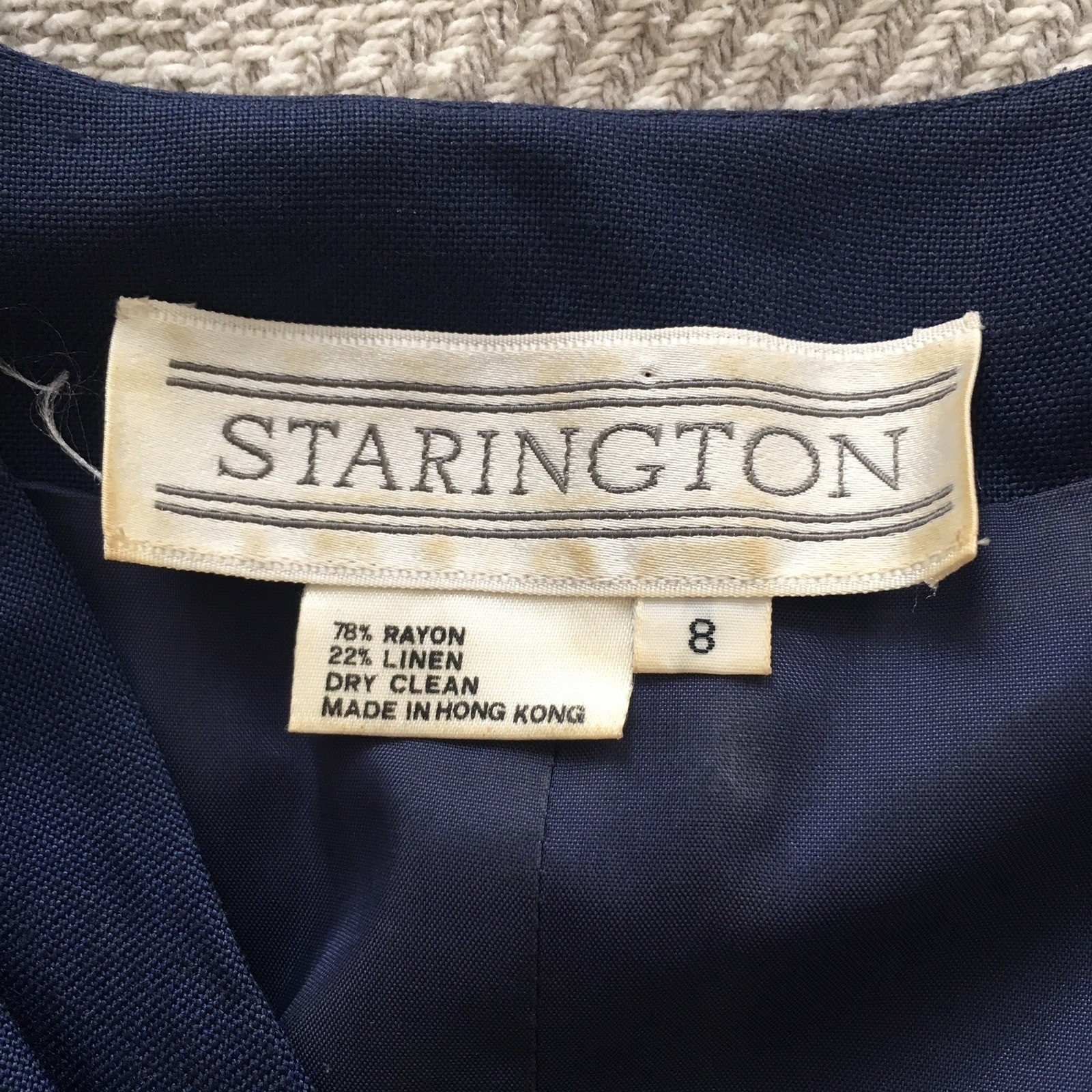 Navy Linen Dress Vintage Starington Size 8 Retro Preppy Embroidered Coat of Arms