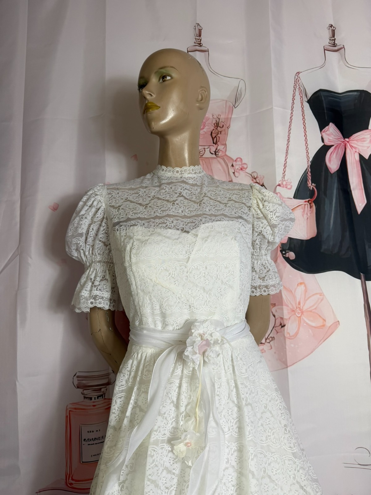 Original Kleemeier Court Wedding Dress 70s Vintage Lace Crinoline Edwardian Prairie