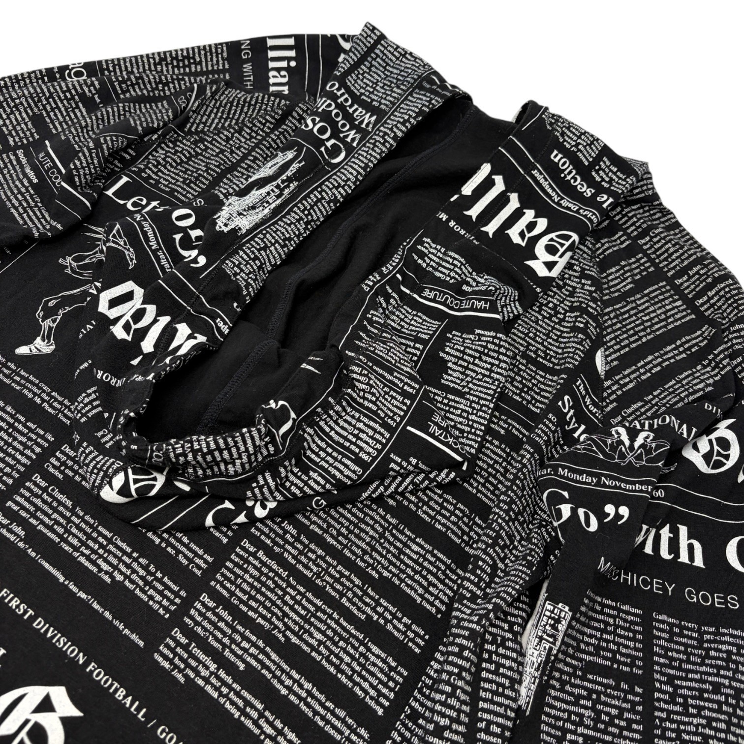 John Galliano Vintage Newspaper Print Hoodie Top Pants Set #XS Black 902549