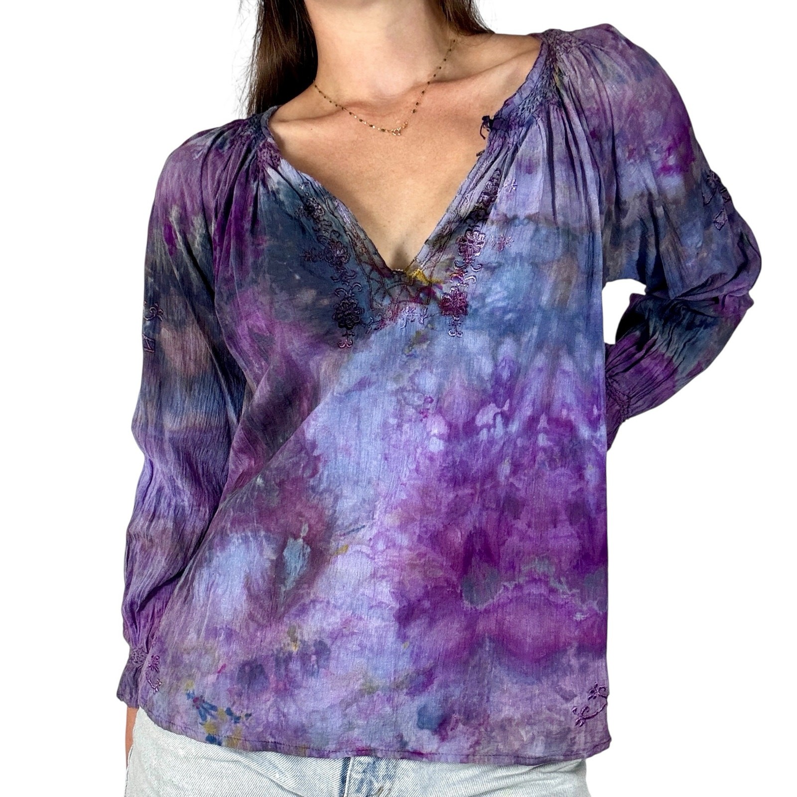 Vintage 1970s Hand Dyed STAR OF INDIA Cotton Smocked Boho Blouse